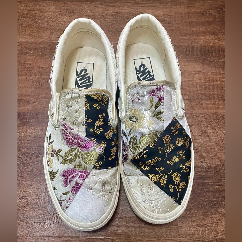 Vans Floral Patchwork Slip-On Sneakers - Black, Gold, Cream